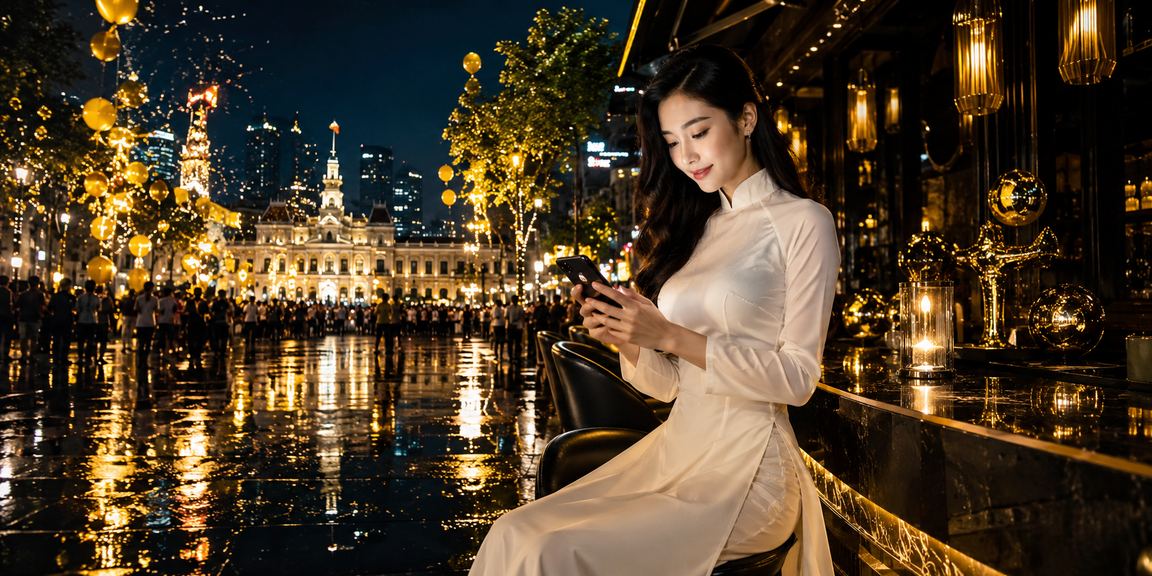 Phụ nữ Việt Nam mặc áo dài tra cứu thể thao và kèo trực tuyến trên điện thoại tại TP. Hồ Chí Minh