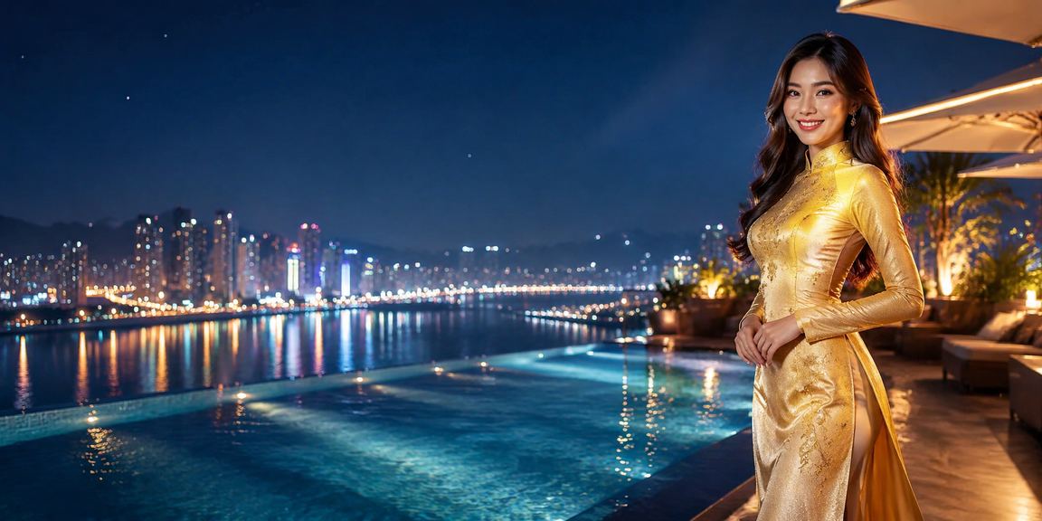 Khung cảnh Nha Trang mang phong cách slot game kết hợp áo dài, tái hiện giải trí casino ven biển